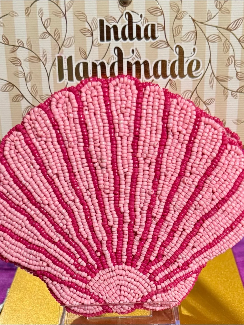 NWT Handcrafted in India Beaded Pink Seashell Pouch